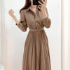 SMTHMA Elegant Lapel Female Single-Breasted Pleated Dress Autumn Long Sleeve Belted Midi Women Dress Vestidos