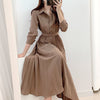 SMTHMA Elegant Lapel Female Single-Breasted Pleated Dress Autumn Long Sleeve Belted Midi Women Dress Vestidos