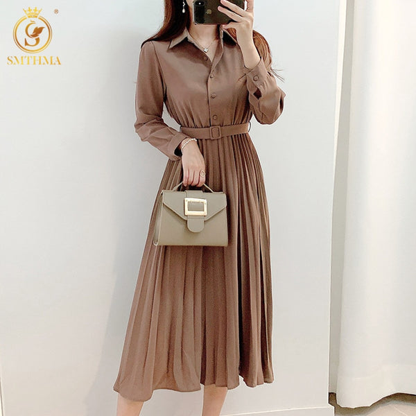 SMTHMA Elegant Lapel Female Single-Breasted Pleated Dress Autumn Long Sleeve Belted Midi Women Dress Vestidos
