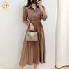 SMTHMA Elegant Lapel Female Single-Breasted Pleated Dress Autumn Long Sleeve Belted Midi Women Dress Vestidos