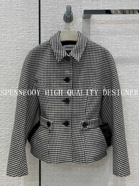 SPENNEOOY Designer High-End Autumn Vintage Houndstooth Single-Breasted Slim Blazer Jackets Women