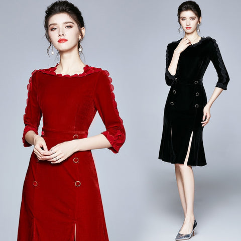 SRD Autumn and Winter Vintage Elegant Wine Plus Size Dresses O Neck Temperament Women's Embroidered Lace Velvet Slim Sexy Dress