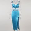 SRUBY - Sleeveless Camisole Crop Top Set Side Slit Mini Skirt Sexy Bodycon Blue Backless Party 2 Piece