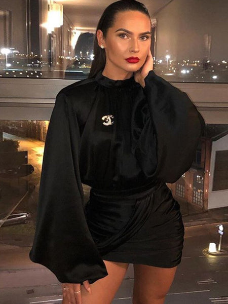 SRUBY White Dress Party Short Puff Mango Single Sheath Mini Dress Zipper Ladies Nightclub Wear Long Sleeve Dress INS Style 2023