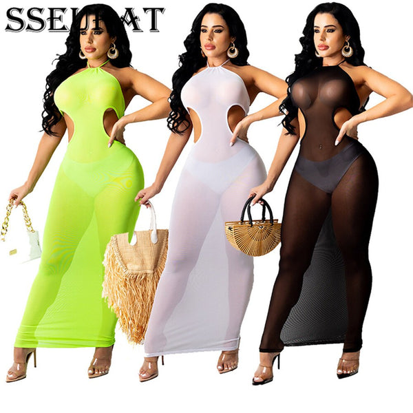 SSEURAT  Women Mesh See Though Open Back Bodycon Dress Sexy Night Party Club Halter Neck Sleeveless Long Dresses