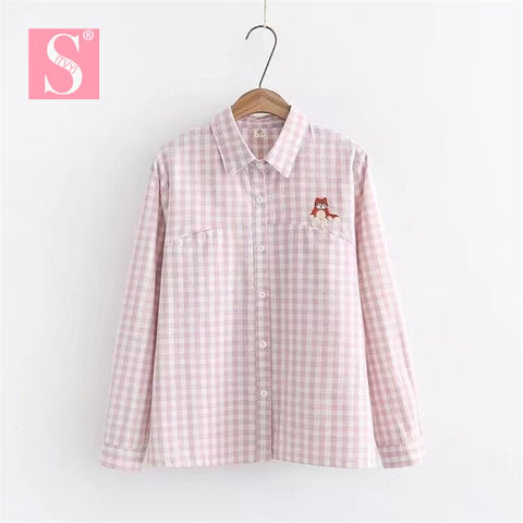 STVY 2023 Summer Autumn Women Blouses Cute Cats Embroidered Pink Plaid Shirts Tops Blusas Feminina