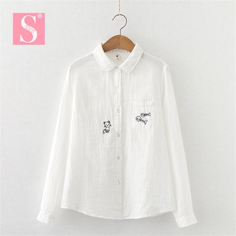 STVY Fish Bones Cat Embroidery Women Shirts Spring White Blouses Ladies Tops Female Blusas Camisa Double Cotton Yarns Clothes