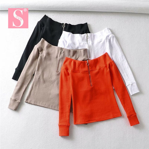 STVY Women's Sexy Off Shoulder Long Sleeve Strapless Top Slash Neck Solid Blouse 2023 Spring Ribbed Cotton Shirts