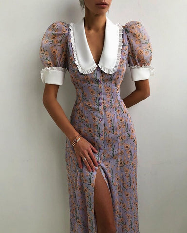 STYLISH LADY Floral Printed Boho Dress 2023 Summer Women Puff Sleeve Front Button Split Elastic Waist Midi Elegant Dress