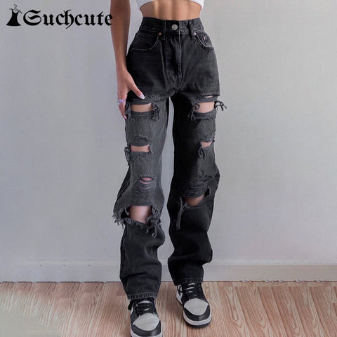 SUCHCUTE Hole Black Hip Hop Pants Women Harajuku Casual Baggy Jeans Hight Waist Aesthetic Denim Trouser Streetwear Female Korean