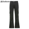 SUCHCUTE Pockets Baggy Jeans Women Mid Waist Bule Vintage Korean Straight Pants Streetwear Casual Denim Trousers Lady Autumn 90s