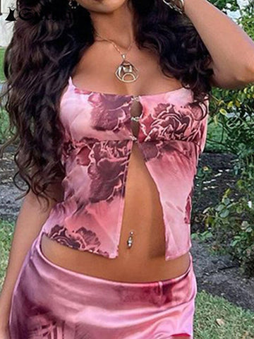 SUCHCUTE Vintage Floral Print Tank Top For Women  Aesthetic Casual Split Crop Tops Elegant 90s Backless Summer Beach Pink Cloth