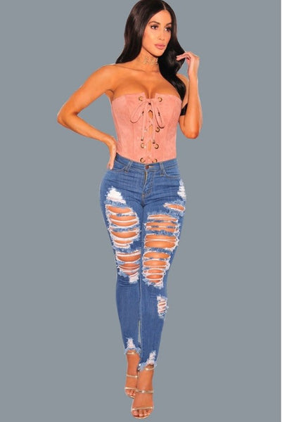 SUPER DEAL casual Jeans Women Basic Classic High Waist Skinny Pencil Denim Pants ripped hole Elastic Stretch Jeans women S-3XL