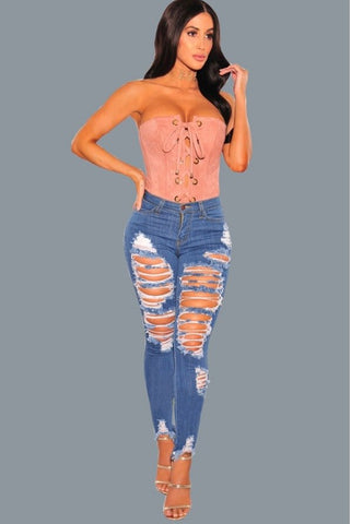 SUPER DEAL casual Jeans Women Basic Classic High Waist Skinny Pencil Denim Pants ripped hole Elastic Stretch Jeans women S-3XL