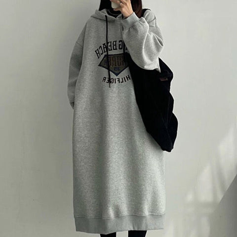 SURF Printed Winter Fleece Oversized Hooded Dress Korean Version Women Clothing Casual Sweatshirt Dress Long Tunics Streetwear