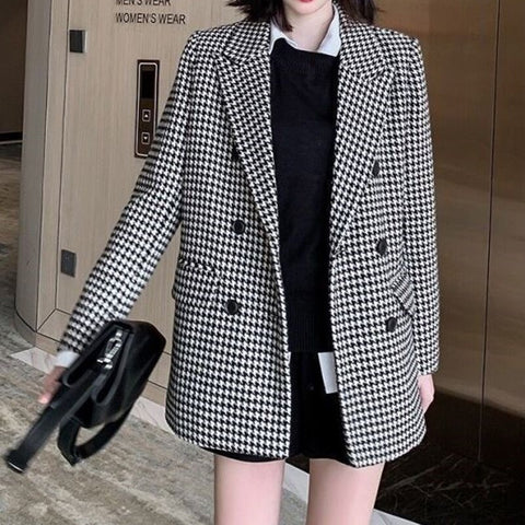 SURUFENG Autumn Houndstooth Blazer Femme Double Breasted Suit Jacket Women 2022 Winter Oversized Vintage American Mujer Outwear