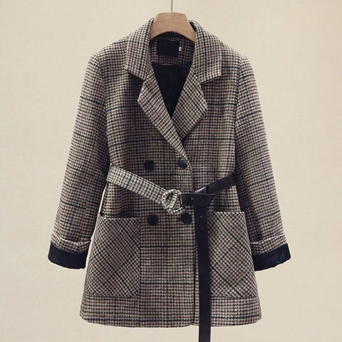 SURUFENG Plaid Women Offic Blazer Jacket Casual Double-Breasted Sashes Suit 2022 Autumn Female Blazer Outwear Plus Size 3XL