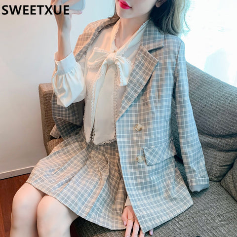 SWEETXUE Elegant Skirt Suits Women Plaid Blazer Suit Jacket + Slim Mini Skirts 2 Pieces OL Sets 2023 Ladies Outfits