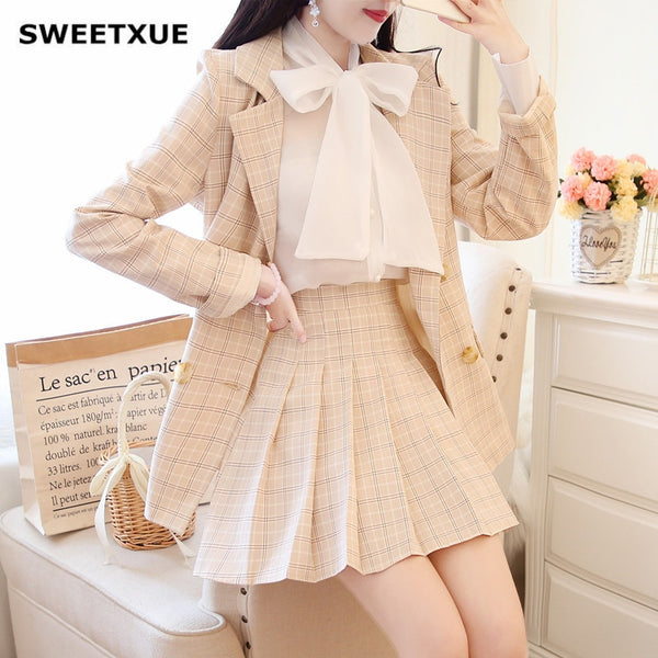 SWEETXUE Elegant Skirt Suits Women Plaid Blazer Suit Jacket + Slim Mini Skirts + White Bow Shirt 3 Pieces OL Sets 2022