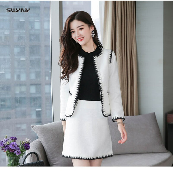 SWYIVY Womens Jacket Coat Skirt Suit Two Sets Winter Spring 2022 Elegant 2XL Plus Size Office Ladies OL Short Woolen Jacket Coat