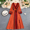 Spring Autumn Women Printed Long Dress Vintage Puff Long Sleeve High Waist A-Line Vestidos Female 2023 Beach Robe