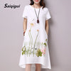 Summer Dress Plus Size Short Sleeve White Women Dress Casual Cotton Linen Dress Lotus Printing O-Neck Vestidos de Festa