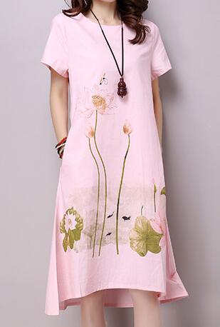 Summer Dress Plus Size Short Sleeve White Women Dress Casual Cotton Linen Dress Lotus Printing O-Neck Vestidos de Festa