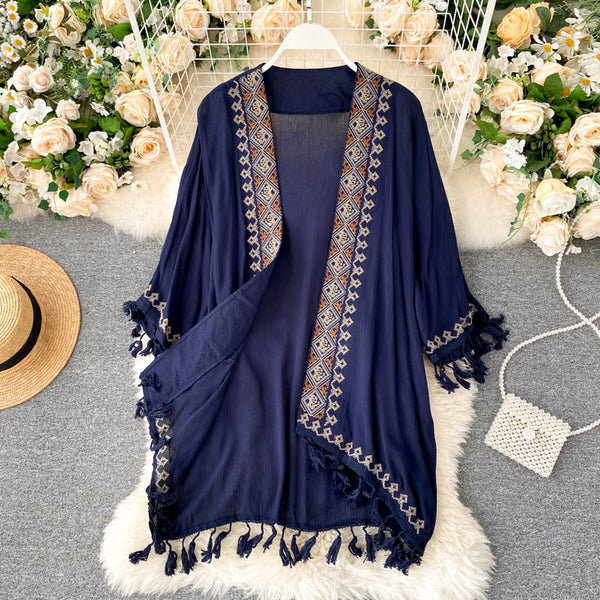 Saliency Bohemian Retro Ethnic Heavy Industry Embroidery Cardigan Jacket Female Design Sense Tassel Holiday Sunscreen Top Tide