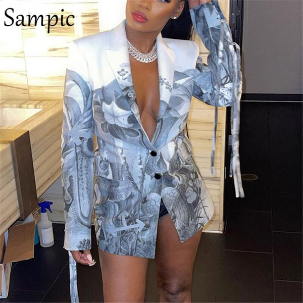 Sampic 2022 Autumn Winter Tie Dye Print Blazer Jackets Tops Women Casual Office Female Coat Skinny Long Blazer Suit