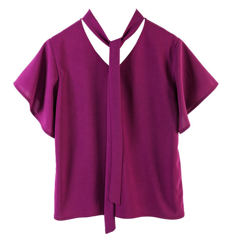 New Arrival Women Elegant Bow Chiffon Blouse Short Sleeve V-Neck Office Lady Solid Shirts Purple Summer Tops C180515