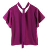 New Arrival Women Elegant Bow Chiffon Blouse Short Sleeve V-Neck Office Lady Solid Shirts Purple Summer Tops C180515