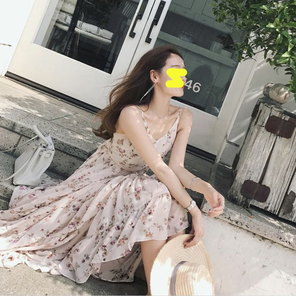 Sanya seaside holiday beach skirt women's 2022 super fairy temperament knee length skirt floral suspender dress