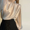 Satin Blouse Long Lantern Sleeve Office Chic Ladies Shirt White Korean Clothing Black Spring Blouses Women Top Chemise