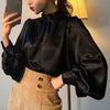 Satin Blouse Long Lantern Sleeve Office Chic Ladies Shirt White Korean Clothing Black Spring Blouses Women Top Chemise