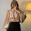 Satin Blouse Long Lantern Sleeve Office Chic Ladies Shirt White Korean Clothing Black Spring Blouses Women Top Chemise