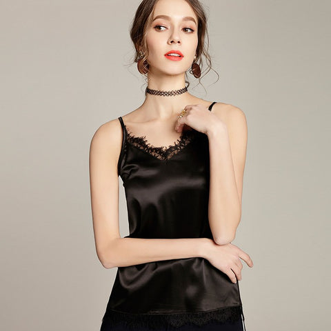 Satin Blouse Shirt Female Tank Top Lace Patchwork Sleeveless Shirt Casual Women Camisole Tank 2022 Summer V Neck Spaghetti Tops