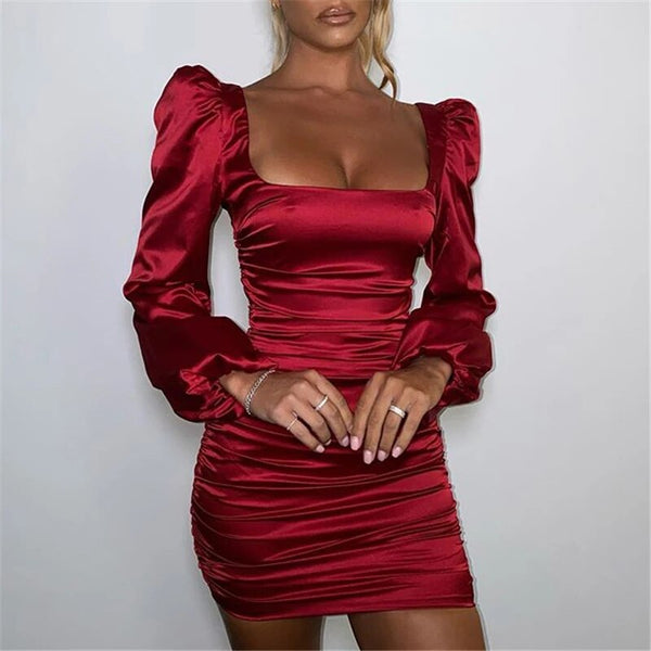 Satin Puff-Sleeve Ruched Dress For Women Solid Square Collar Sexy Dresses Ladies Streetwear Backless Vestidos clothes vintage