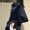 Satin Silk Shirt Autumn Spring Office Button Up Chic Drop Shoulder Blouse Women White Top Loose Street Shirts Ropa Para Mujer