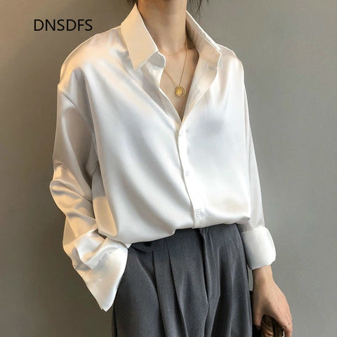 Satin Silk Shirt Autumn Spring Office Button Up Chic Drop Shoulder Blouse Women White Top Loose Street Shirts Ropa Para Mujer