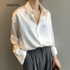 Satin Silk Shirt Autumn Spring Office Button Up Chic Drop Shoulder Blouse Women White Top Loose Street Shirts Ropa Para Mujer