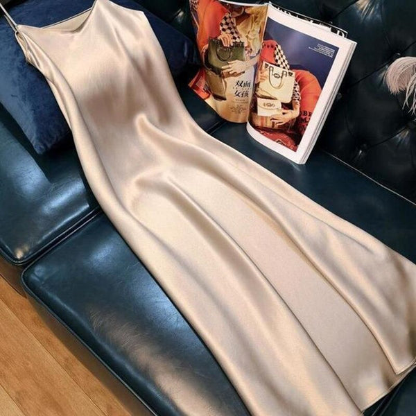Satin Strap Dress Women 2022Summer  Vintage Backless Elegant Party Outfits Sexy Silk Midi Dress Club Robe Casual Homewear