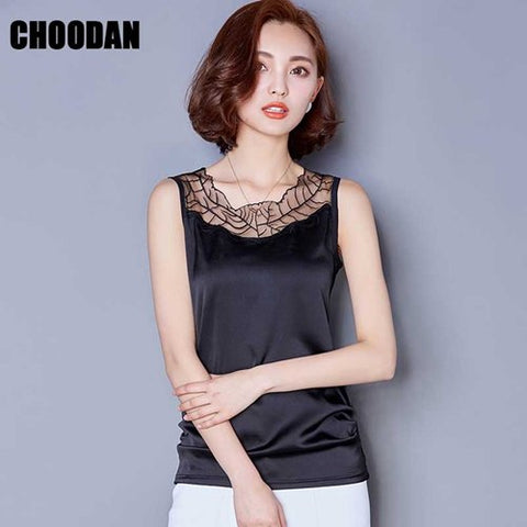Satin Tank Top Mesh Patchwork Summer fashion 2022 New Elegant Lace Embroidery Women Tops Office Ladies Basic Shirt Female Cloth