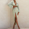 Satin Two Piece Midi Dress Sexy Party Deep V-neck Bodycon Dress Night Club Lantern Sleeve Casual Dress For Women Summer 2022