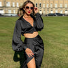 Satin Two Piece Midi Dress Sexy Party Deep V-neck Bodycon Dress Night Club Lantern Sleeve Casual Dress For Women Summer 2022