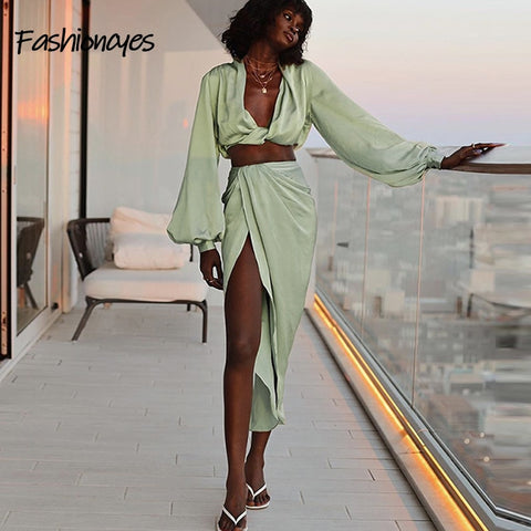 Satin Two Piece Midi Dress Sexy Party Deep V-neck Bodycon Dress Night Club Lantern Sleeve Casual Dress For Women Summer 2022