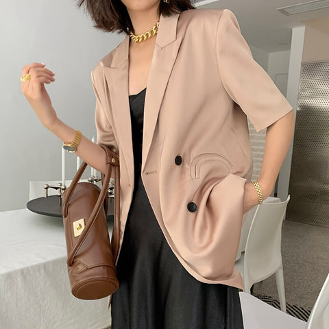 Satin blazer for women summer 2022 casual minimalist ladies short sleeves suit jackets office lady blazers thin coats outerwear