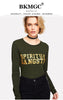 BKMGC Solid Deep Green O Neck Sleeves Sim Fit T Shirt For Women Autumn Yellow Letter Words Print Top Casual Streewear Clothing