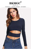 BKMGC Dark Blue Long Sleeve Round Neck Medium Stretch Sexy Hollow Out Waist Slim Fit Pullover Short Knitwear T Shirts for Women