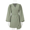 V-neck High Waist Lantern Sleeve Ladies French Dress Long Sleeve Skirt  Woman Dress  Dresses Women  Willon Green Dress
