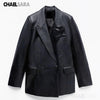 2023 Spring and Autumn Women Faux Leather Blazer Coat Female Vintage Pockets Long Sleeve Black Vents Tops Outerwear